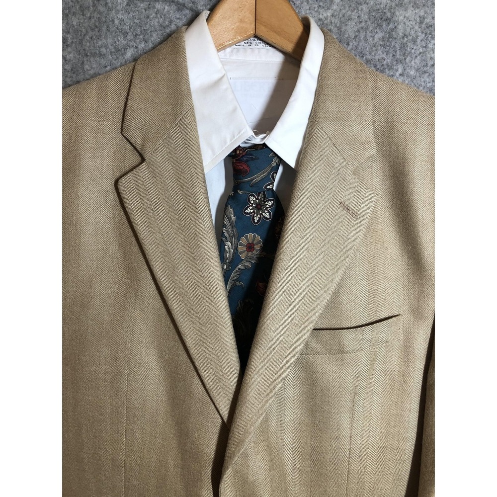 DKNY Blazer Mens 42 Beige Silk Wool Herringbone Tweed Sport Coat Jacket Classic